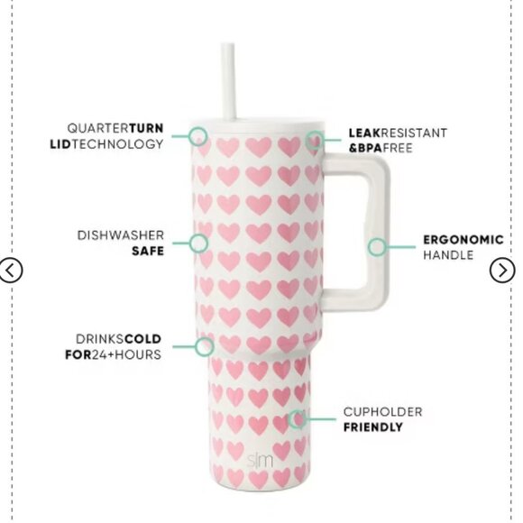 Simple Modern 40oz Pink Hearts on White Straw Tumbler NEW WITH‎ TAG - Picture 6 of 9